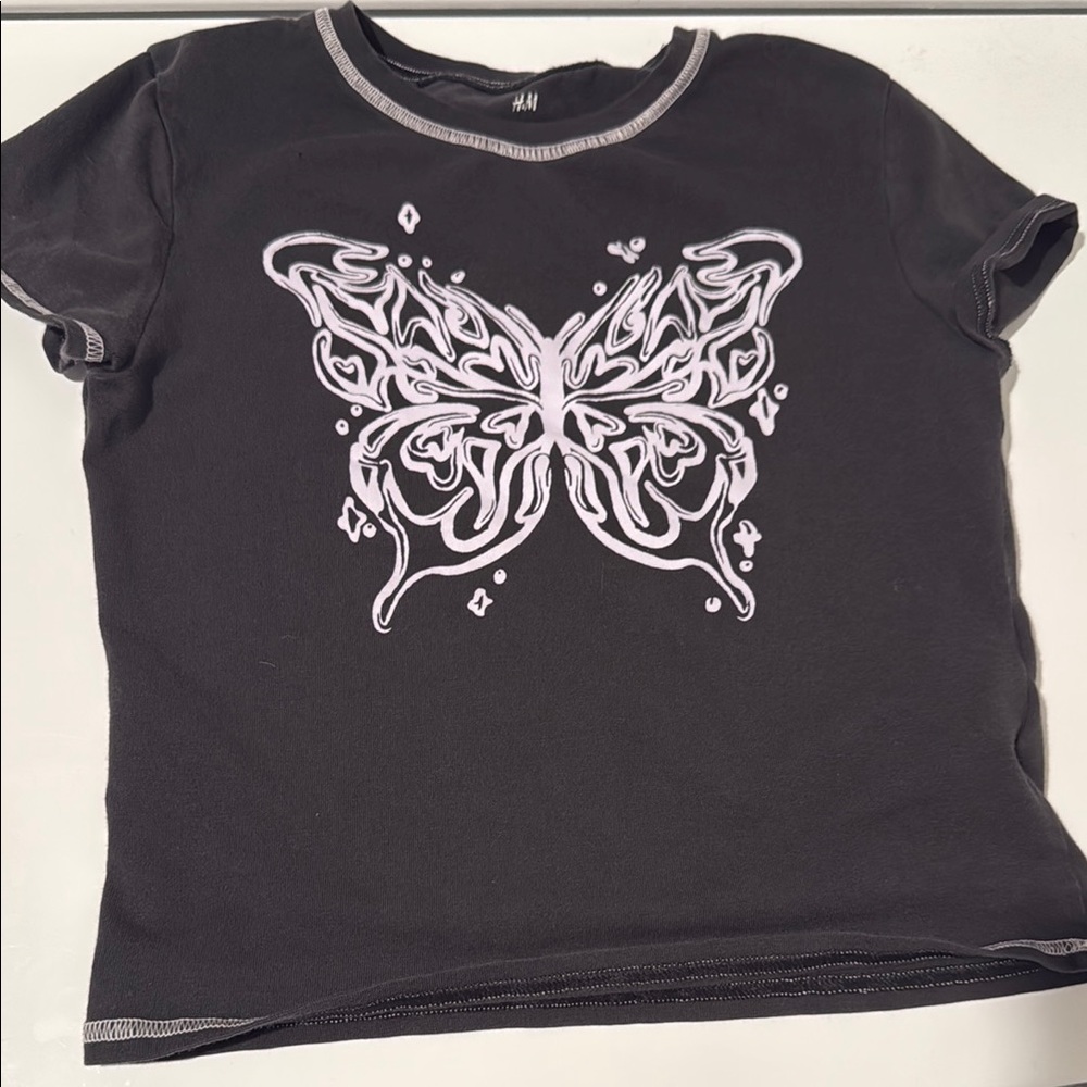 H&M Charcoal Tee with White Butterfly Graphic